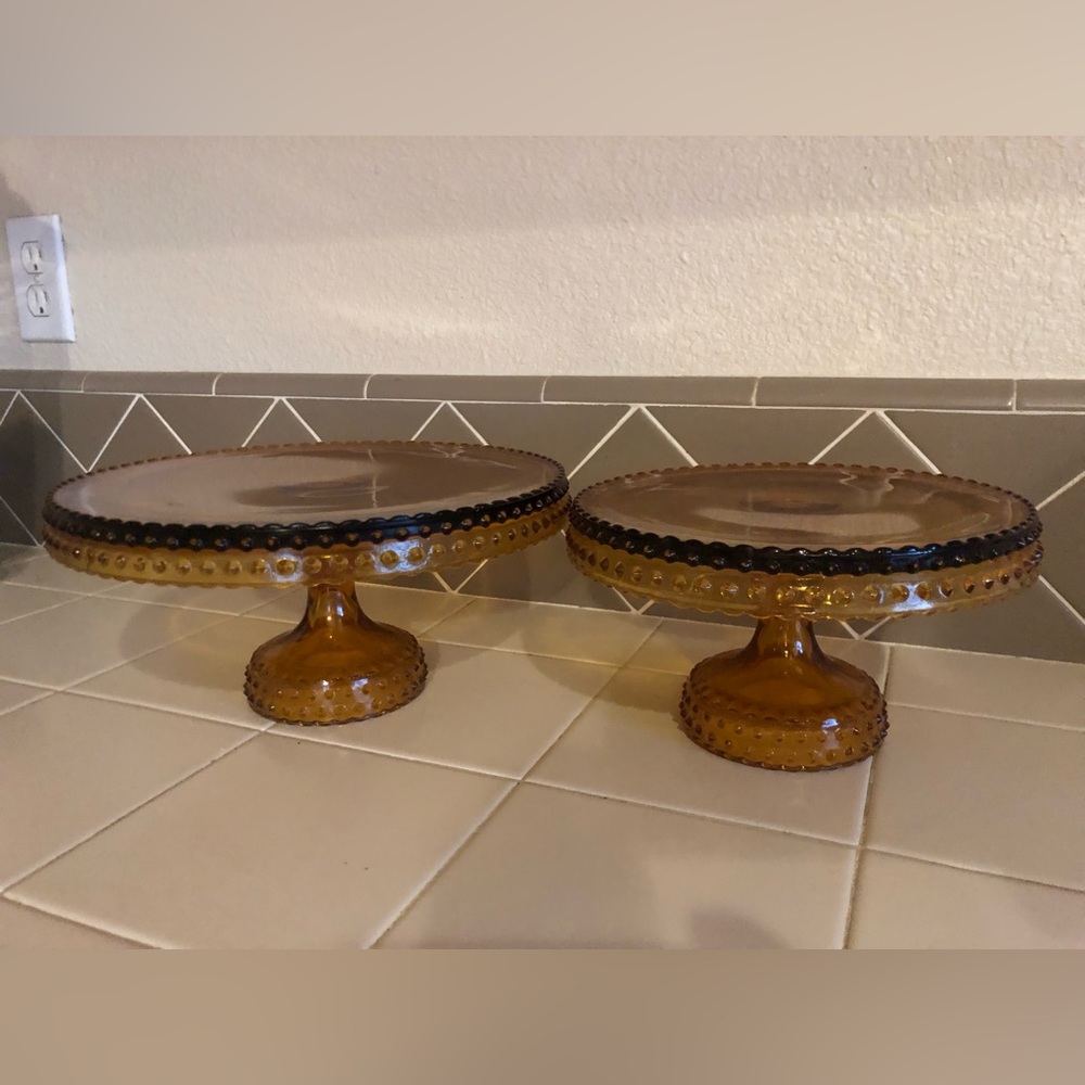 Vintage LE SMITH vintage hob nail amber glass cake pedestal stand set of 2